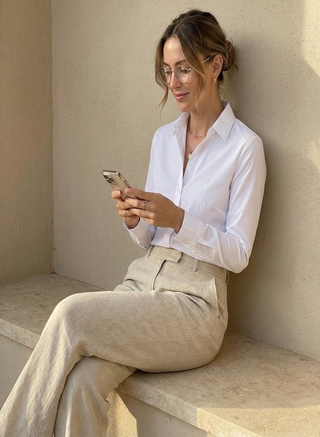 Beninos قميص نسائي رسمي بأكمام طويلة وأزرار أمامية، مناسب للعمل (225 أبيض، مقاس صغير) - Image 2